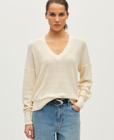 Pull col V en lin L010 antique white